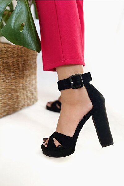 POLKA STORE Women's Gloria Cross Strap High Thick Heeled Platform Suede Black Shoes