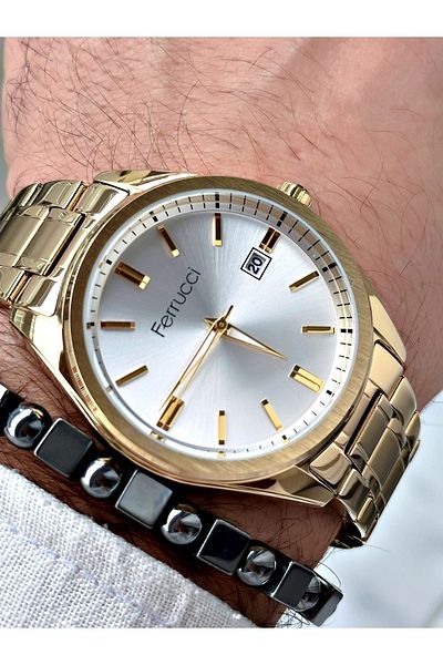 Ferrucci Men's Wristwatch and Bracelet - Gold Color, Steel Cord, Classic Model Gift