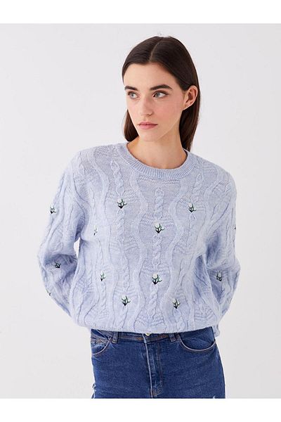 LC Waikiki Lcw Vision Crew Neck Embroidered Long Sleeve Oversize Women's Knitwear Sweater