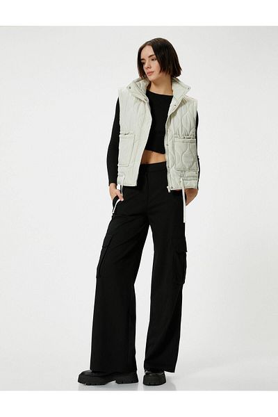 Koton Quilted Oversize Vest with Stand Collar and Pocket, Zippered, Fastening Detail