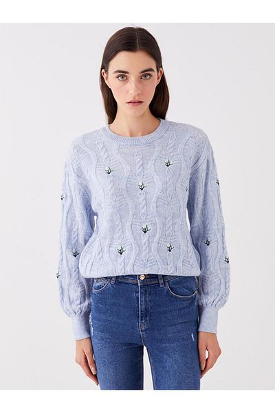 LC Waikiki Lcw Vision Crew Neck Embroidered Long Sleeve Oversize Women's Knitwear Sweater