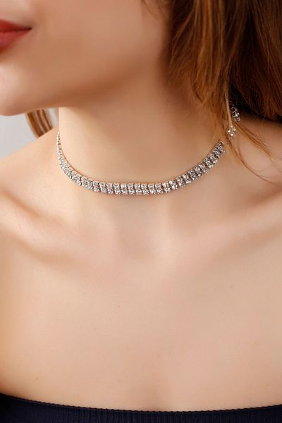 Serelia Zircon Stone Women's Necklace - Silver Choker, 2 Rows Model, Evening Dress and Bridal Set