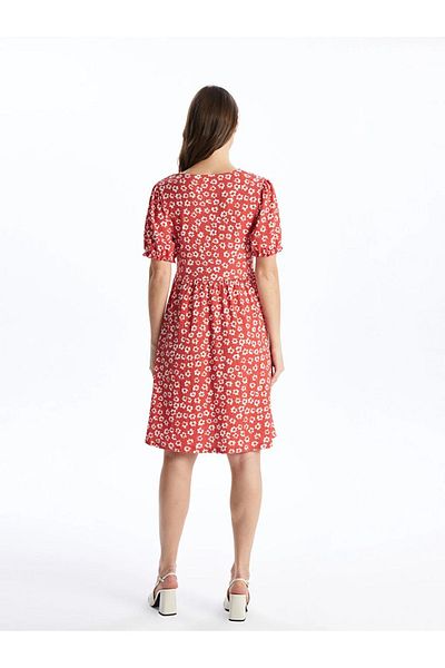 LC Waikiki Maternity V Neck Floral Short Sleeve Crinkle Maternity Dress