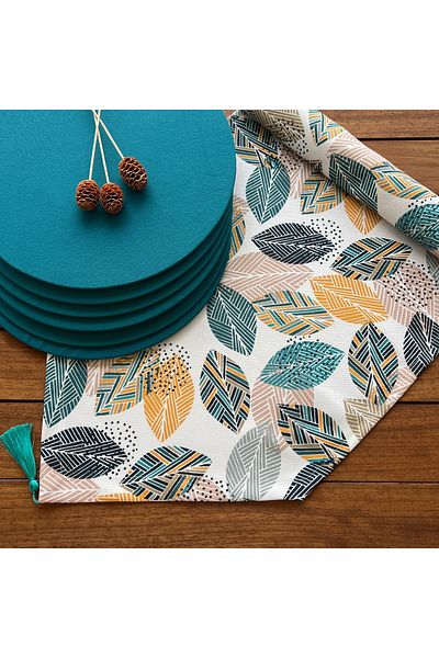 desen izmir 6-Piece Petrol Green Charger and Runner Cover Soft Leaves Set - American Service, New Collection