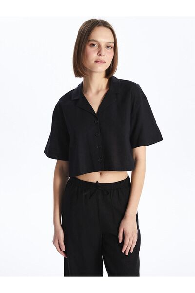 LC Waikiki XSIDE Düz Kısa Kollu Crop Keten Karışımlı Kadın Gömlek