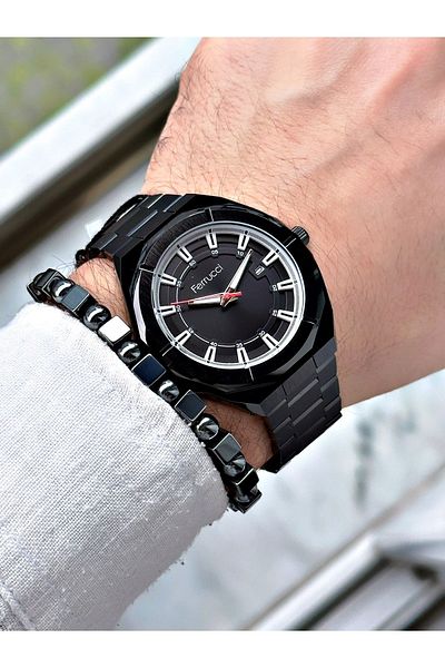 Ferrucci Men's Wristwatch and Bracelet - Black Color, Steel Cord, Gift