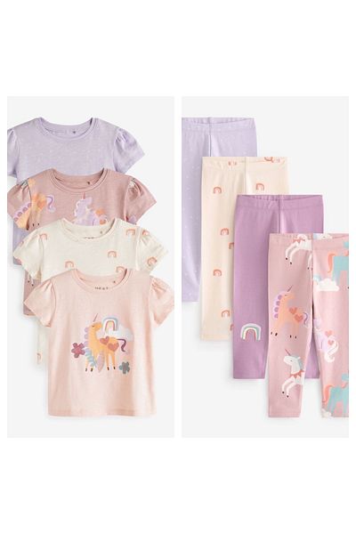 Next Baby 100% Cotton Pink Unicorn Patterned 4-Piece Tights Bottom Top Set