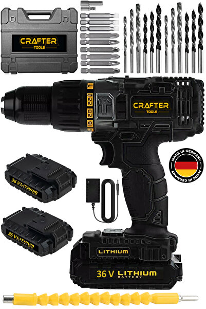 CRAFTERTOOLS 36V 5Ah Metal Şanzıman Çift Akülü Darbeli Şarjlı Matkap 24 Parça...