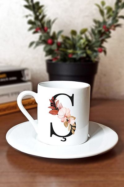 SporSen Caddemart | Letter Ş and Floral Printed Porcelain Turkish Coffee Cup