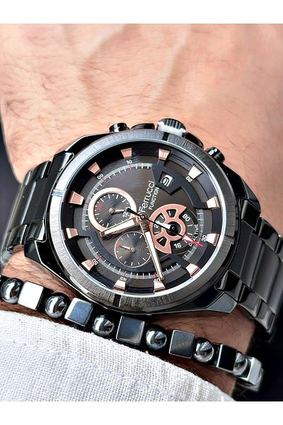 Ferrucci Men's Wristwatch - Black, Steel Cord, Bracelet Gift, Functions Active