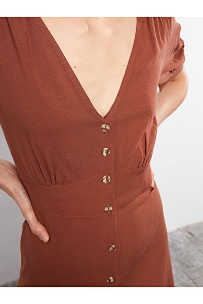 LC Waikiki Ležérní lněné dámské šaty LCW s výstřihem do V a krátkým rukávem (S2)