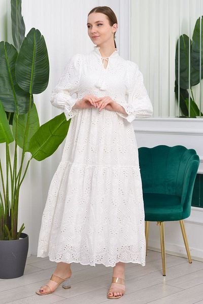 AYASOFYA OTANTIK Women's White Scalloped Judge Collar Rubber Detailed Long Sleeve Long Dress