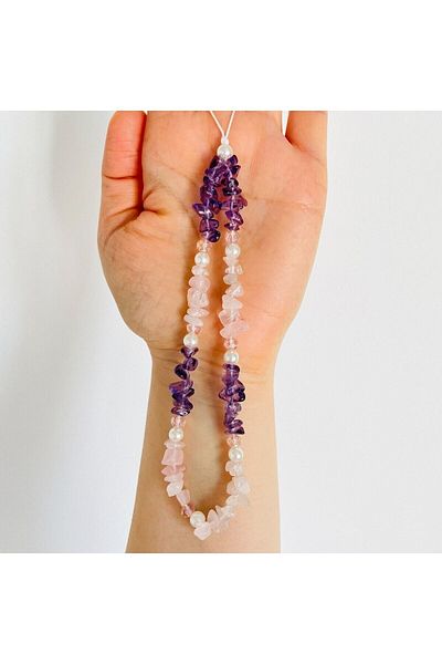 Stoneday Purple Amethyst Quartz Natural Stone Crystal Gold Detailed Pearl Phone Strap Accessory Lanyard