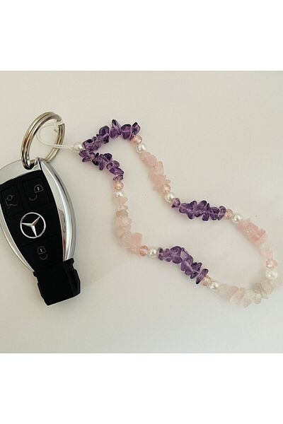 Stoneday Purple Amethyst Quartz Natural Stone Crystal Gold Detailed Pearl Phone Strap Accessory Lanyard