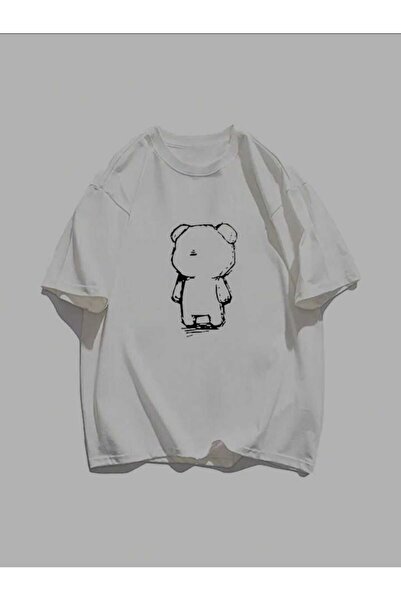 BETİLİNA Beyaz Go Ayıcık Baskılı Oversize T-shirt