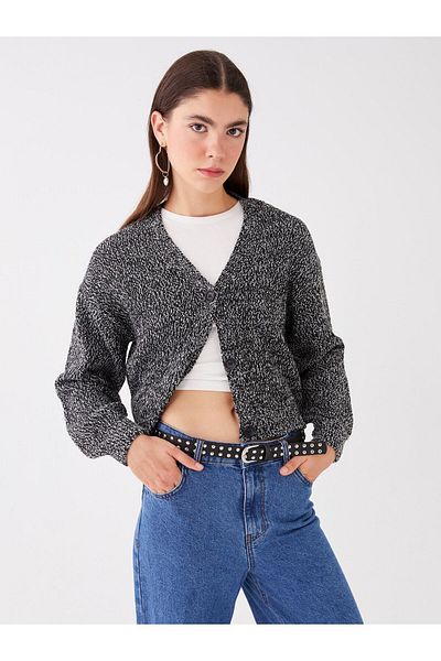 LC Waikiki V-Neck Patterned Long Sleeve Women's Knitwear Cardigan