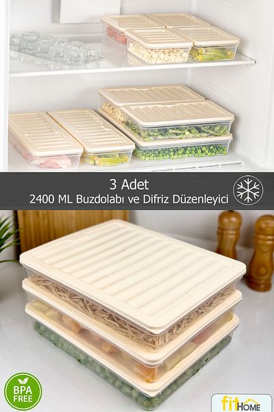 FİTHOME Set of 3 Freezer Refrigerator Freeze Organizer Microwavable Airtight Storage Container