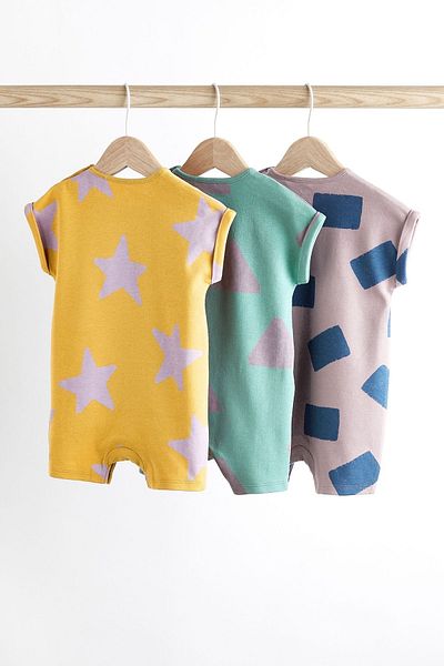 Next Baby Yellow Star Patterned 100% Cotton Romper - Set of 3