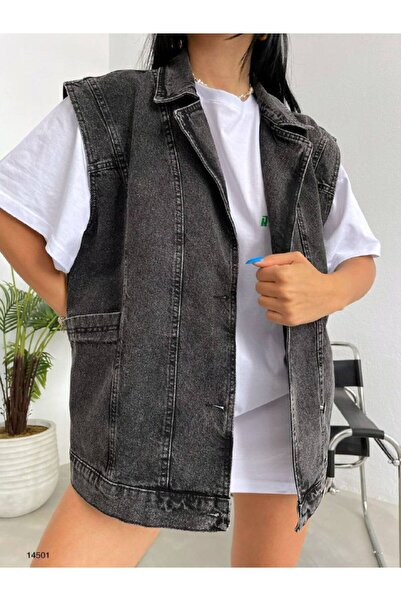 Ece Anthracite 100% Cotton Denim Vest Jacket with Side Pocket Detail