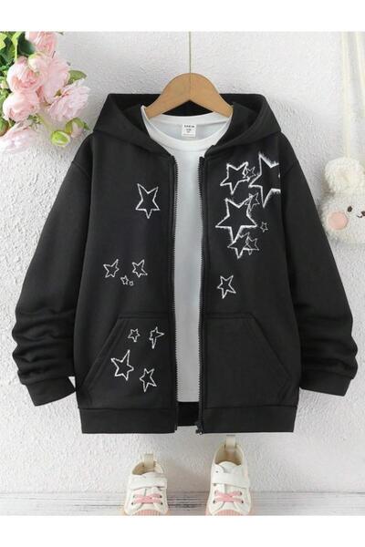 Toum Dompuleri Moda - Star Printed, Oversize, Zippered, Unisex Black Hooded C...