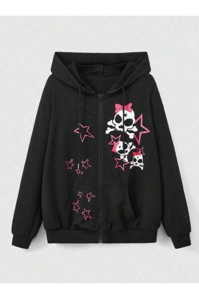 Toum Black Skull Punk Printed Unisex Oversize Hooded Cardigan