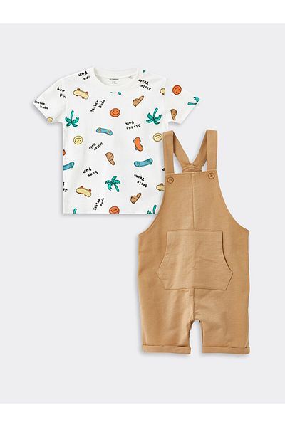 LC Waikiki Lcw Crew Neck Short Sleeve Printed Baby Boy T-Shirt and Salopet 2-Piece Set