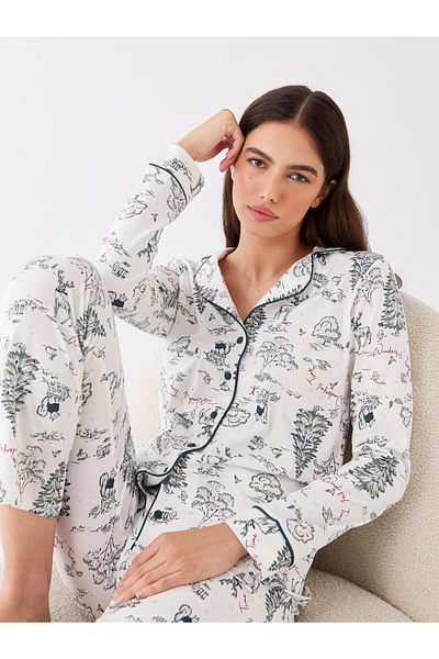 LC Waikiki Shirt Collar New Year Themed Long Sleeve Women's Pajama Set