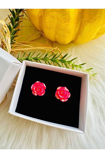 1PARÇAMAVİ Fuchsia Rose Pattern - Girl's Earrings with Transparent Clip, for Non-perforated Ears