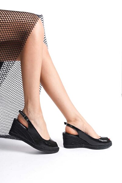 gumushoe Hakiki Naturel Siyah Deri Espadril Kadın Sandalet 7062