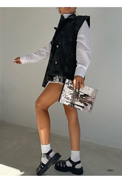 Ece Anthracite 100% Cotton Denim Vest Jacket with Side Pocket Detail