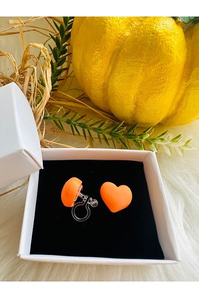 1PARÇAMAVİ Children's Earrings with Heart Transparent Clip - Non-perforated Ear Earrings