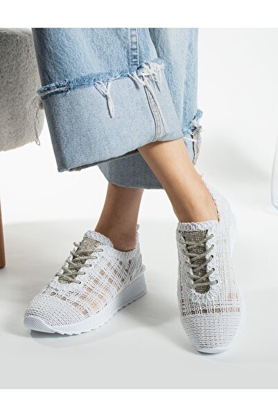 trendyhit Guca Beyaz Dantelli Bağcıklı Taş Detaylı Kadın Sneakers