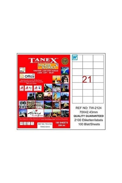 Tanex Laser Label Tw-2124 100 A4 Sheets Laser Label 70 X 42 Mm Size 24 Labels in 1 A4 Sheet