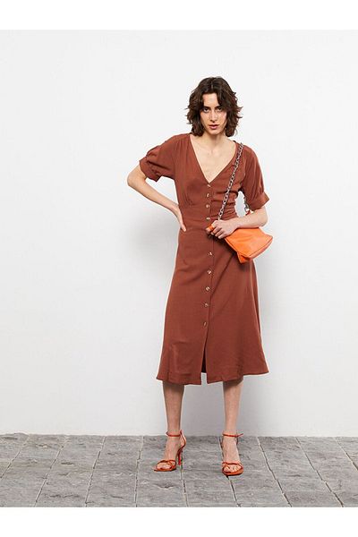 LC Waikiki Lcw Lässiges, schlichtes, kurzärmliges Leinenkleid für Damen