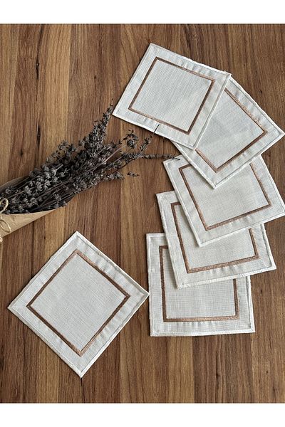 Nurhanhome 6 Pieces Bronze and Ecru embroidered square Cocktail Serving Napkin
