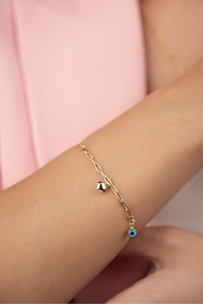 Altınaşkı Aynalı Zincirli Ataşlı Kalp Altın Bileklık