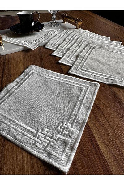 Nurhanhome 6 Pieces Labyrinth Patterned Ecru Embroidered Square Cocktail Presentation Napkin