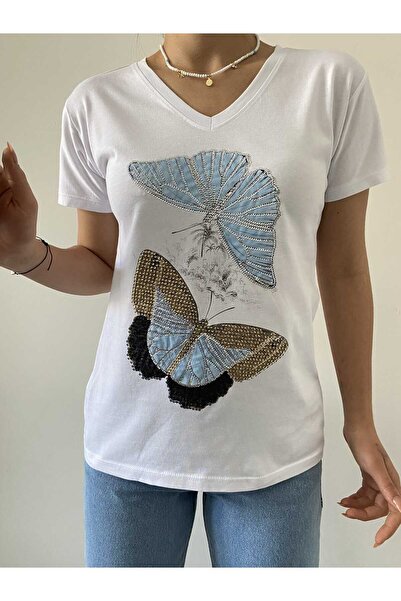 Laderra Kelebek Desenli Pul Payet V-Yaka T-Shirt
