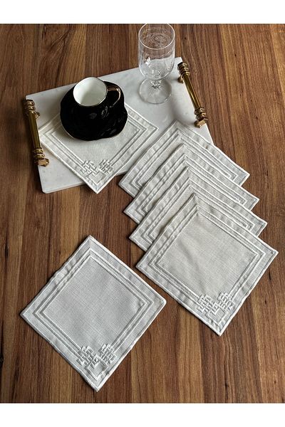 Nurhanhome 6 Pieces Labyrinth Patterned Ecru Embroidered Square Cocktail Presentation Napkin