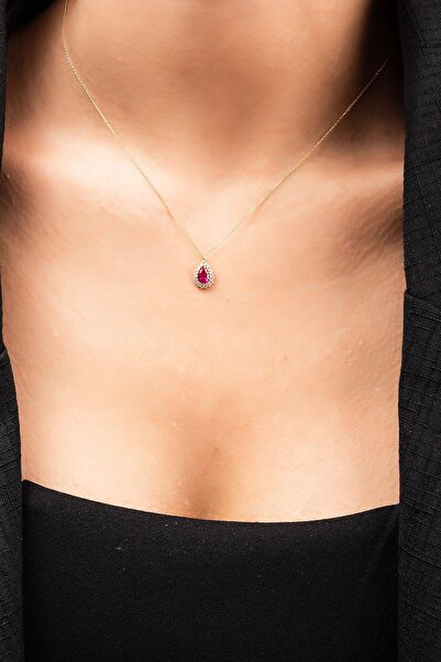 Altınaşkı Kırmızı Taşlı Damla Hayalet Altın Kolye