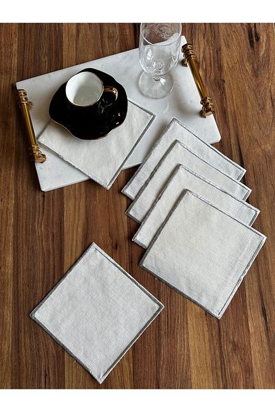NURHAN HOME COLLECTION 6 Pieces Silver Color Embroidered Square Cocktail Presentation Napkin, Coffee Side Napkin