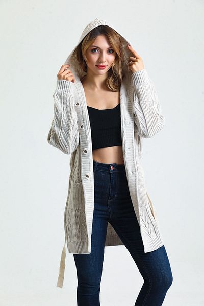 jöns since 1997 Women's Hooded Belted Buttoned Spike Pattern Knitted Cardigan