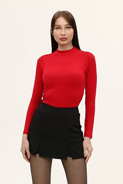 LAENT Red Stand Collar Long Sleeve Bodysuit