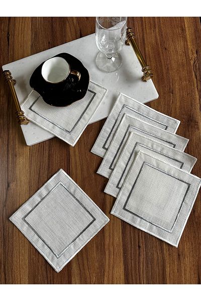 NURHAN HOME COLLECTION 6 Pieces Silver Embroidered Square Cocktail Serving Napkin Suitable for Etamine Processing