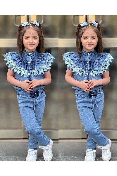 Calisa Girl's Ruffled Denim Shirt and Jean Jeans Pants Holiday 2-Piece Combination Suit Çocuk Overcoat