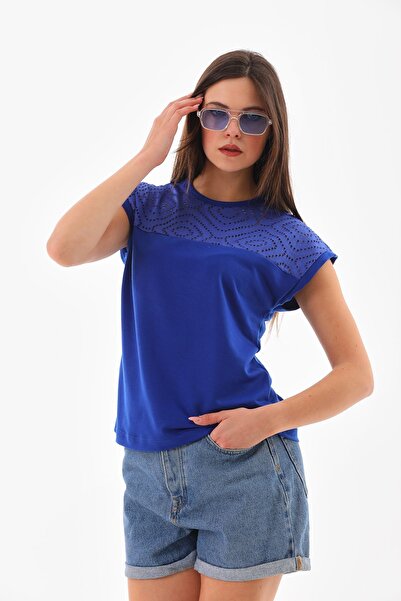 DEVRİMAY TEKSTİL بلوزة نسائية من Saks باللون الأزرق من الدانتيل برقبة دائرية