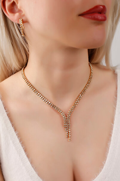 Serelia Özel Tasarım Çift Sıra Su Yolu Kolye & Küpe Seti Takım Abiye Set Gerdanlık