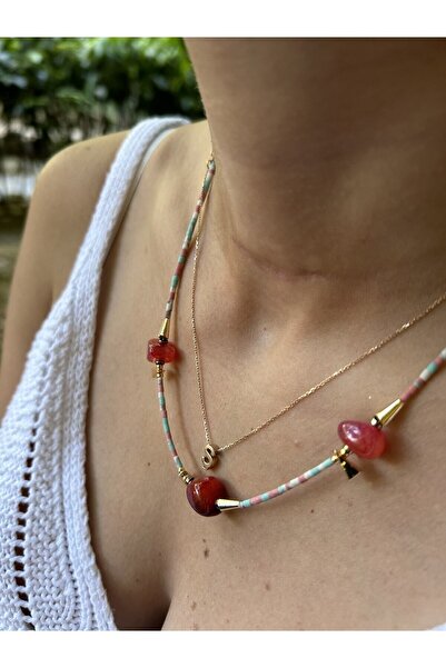 ByMerve Bym318 قلادة من الحجر الطبيعي المطرز باللون الأحمر العنابي - اجتماع ا...