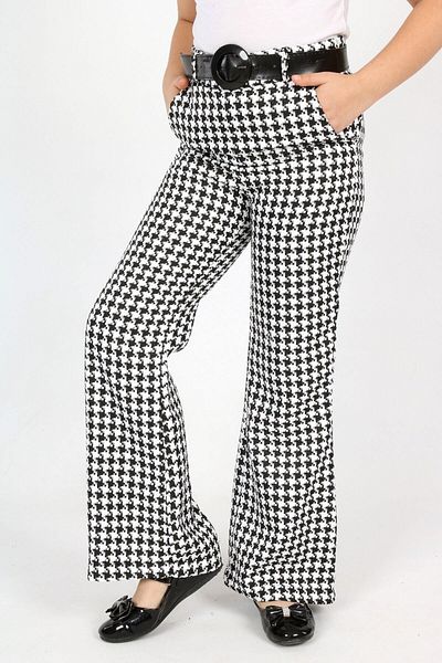 Asortix Girl's Flared Leg High Waist Belted Houndstooth Patterned Fabric Trousers