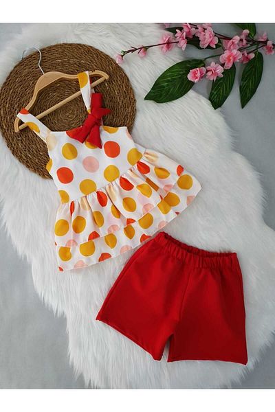 aden kids Crepe Mini Dress and Red Shorts Set for Girl - Polka Dot